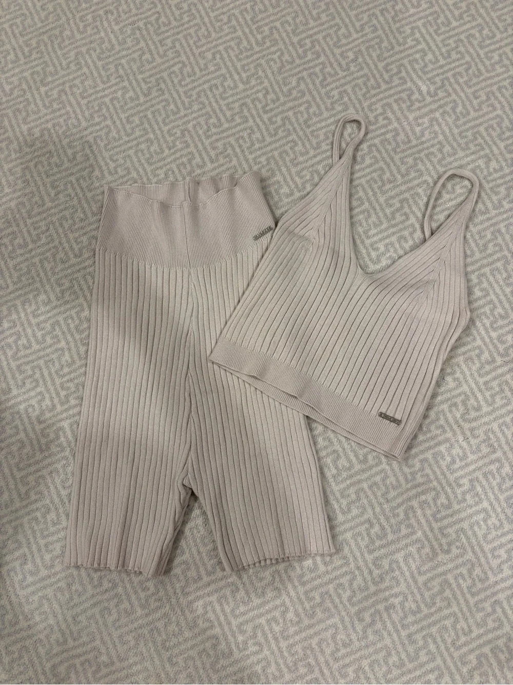 Glyder Ribbed Knit V-Neck Crop Top and Biker Shorts Set - Cream